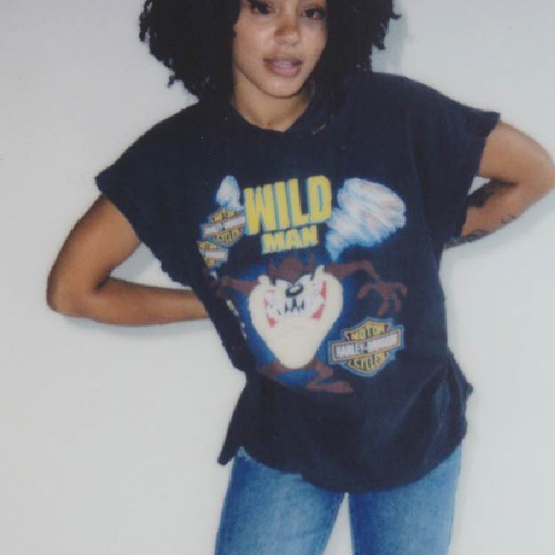 female model wearing vintage looney tunes t-shirt