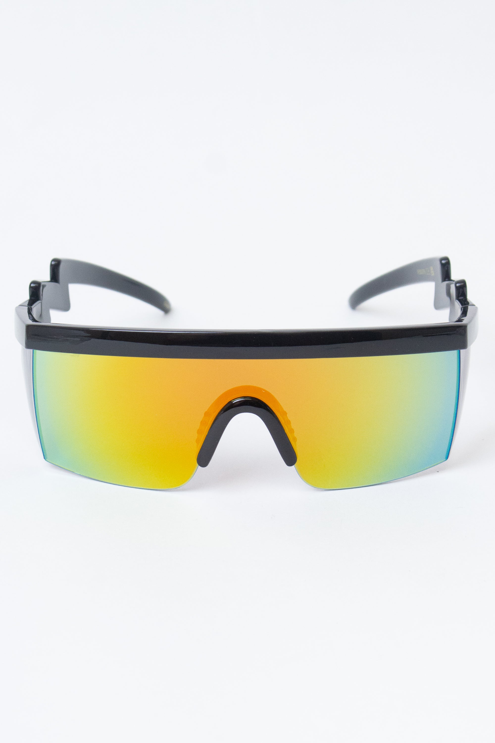 Front view of Lightning Shield Sunglasses with black frame and gradient yellow to blue mirrored lenses