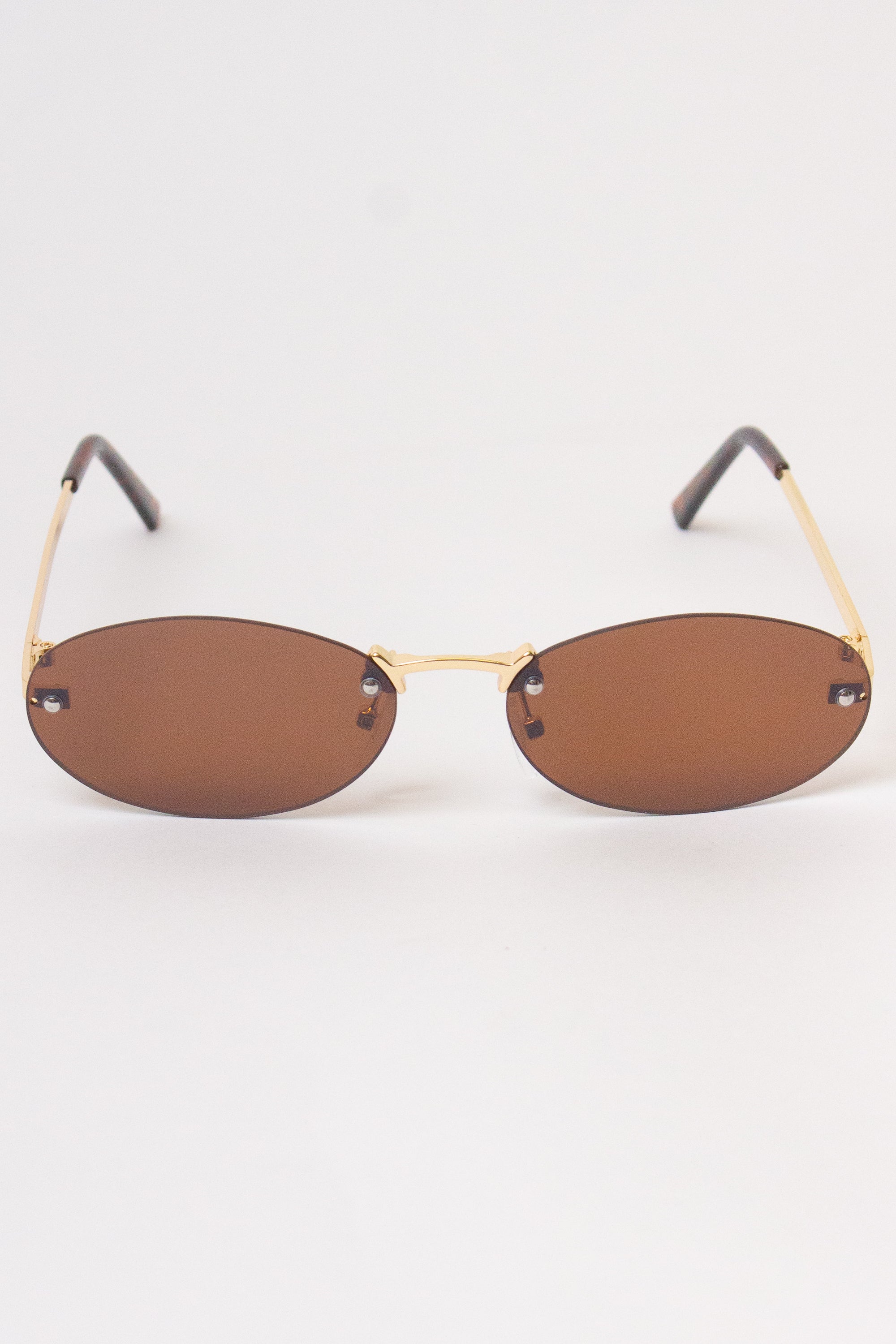 Rimless Oval Lens Sunglasses - Brown