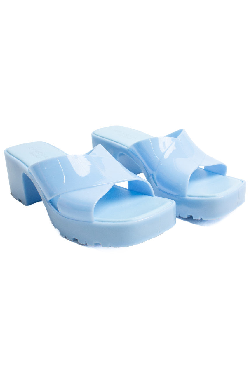 Light Blue Plastic Chunky Heel Slides