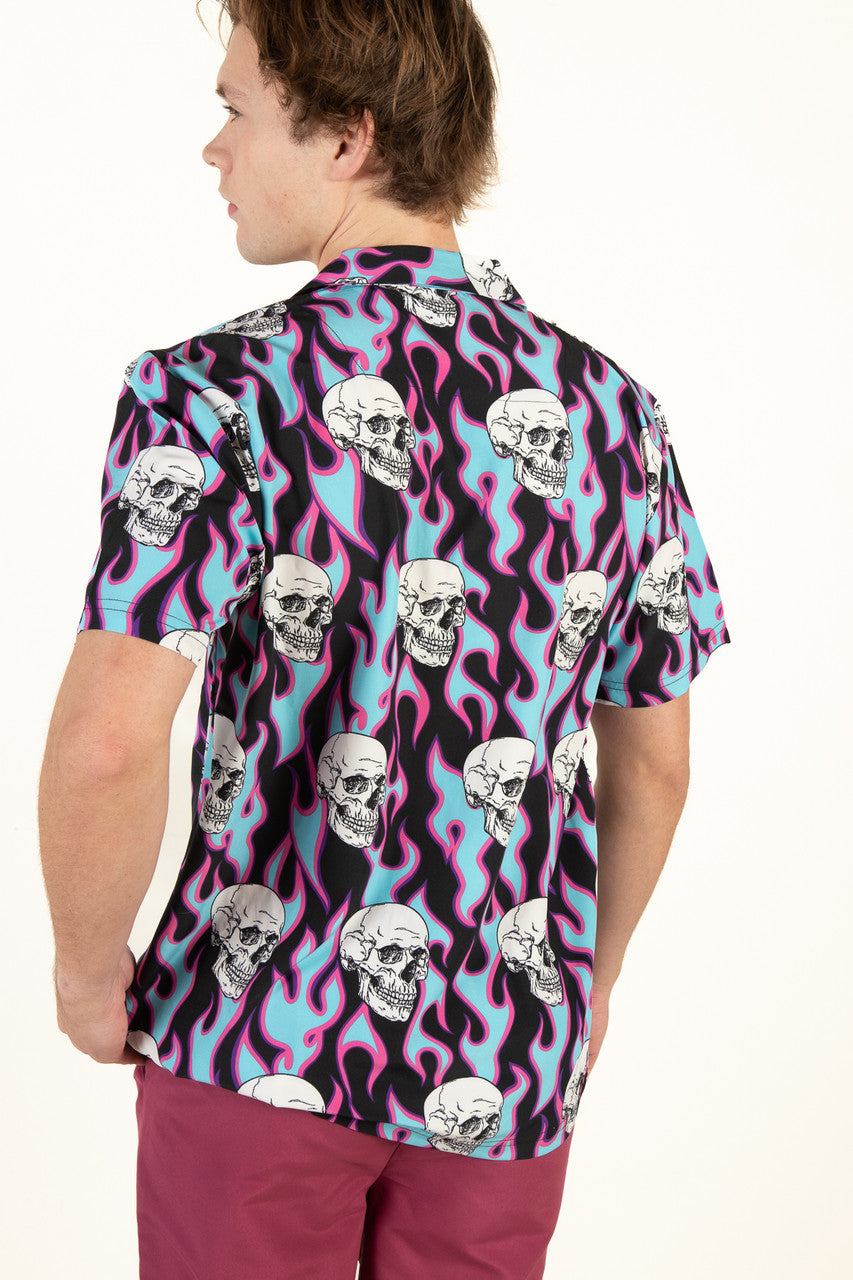 Y2K Flaming Skull Button Up Shirt