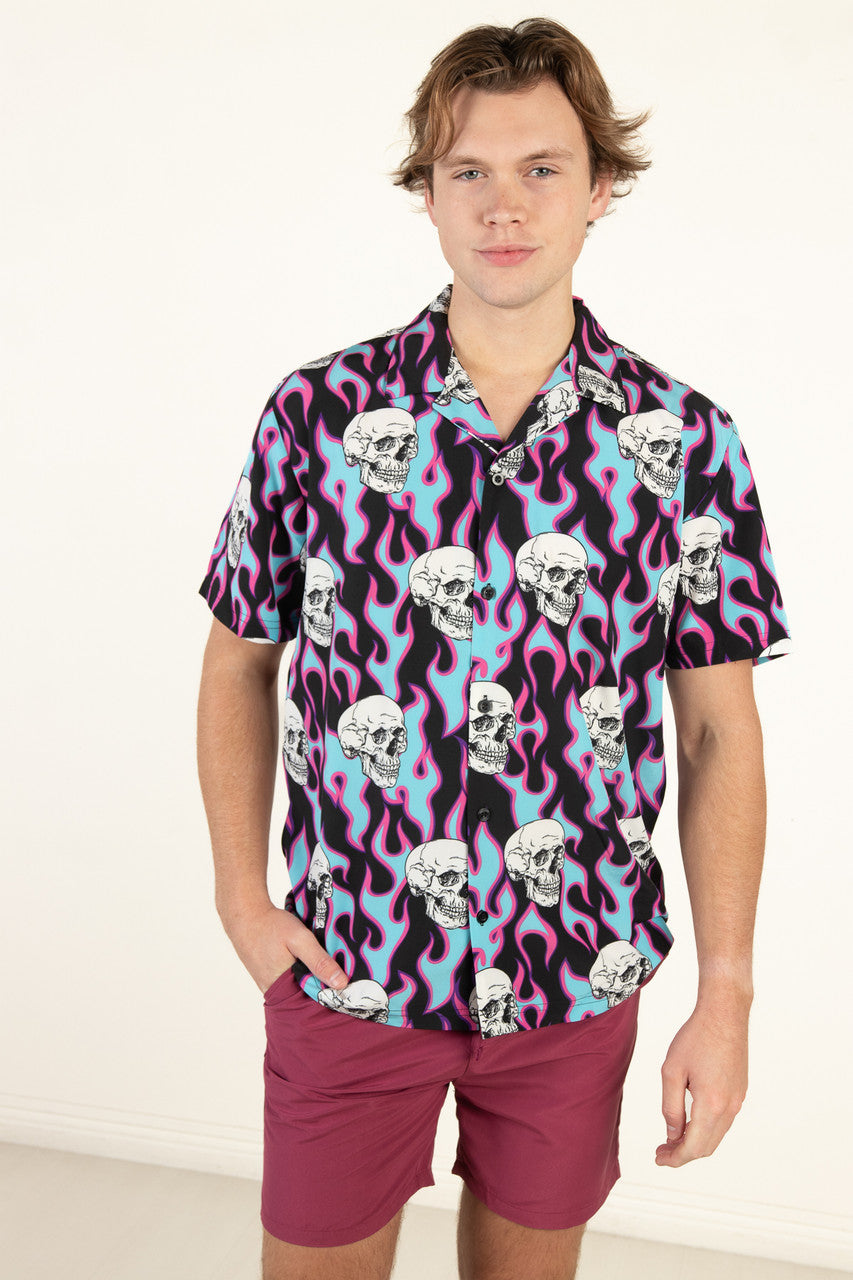 Y2K Flaming Skull Button Up Shirt