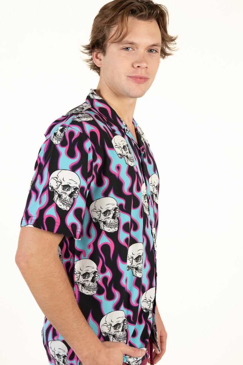 Y2K Flaming Skull Button Up Shirt