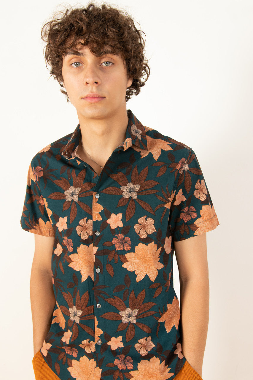 Dark Teal Floral Woven Shirt