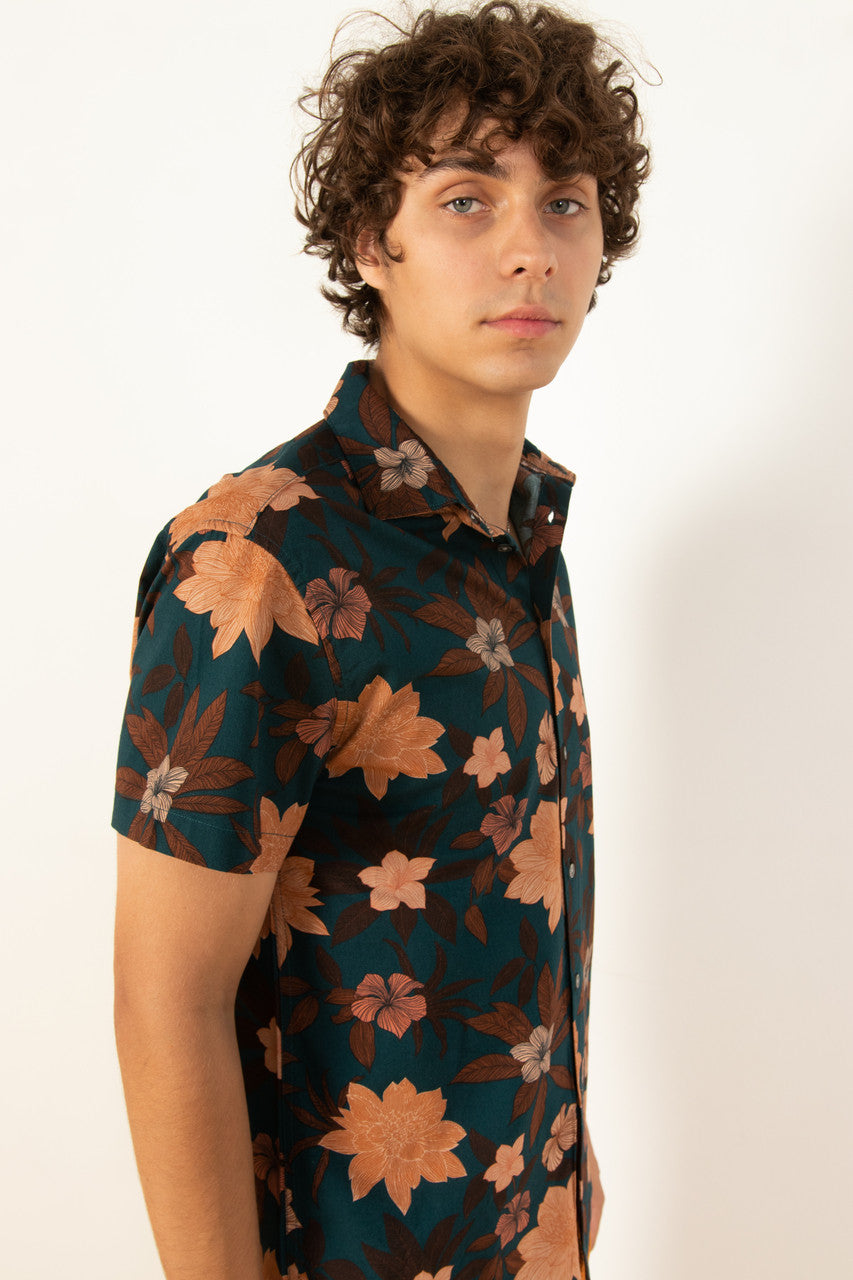Dark Teal Floral Woven Shirt