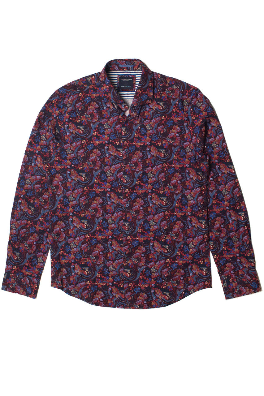 Navy Paisley Floral Long Sleeve Button Up Shirt