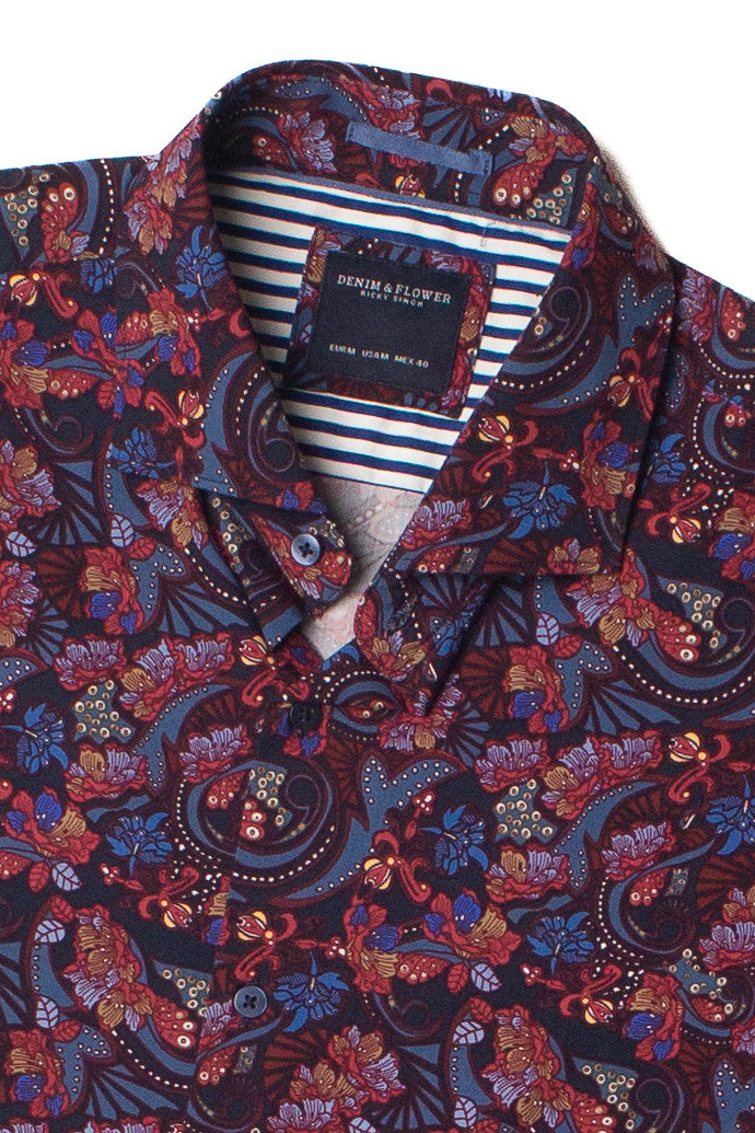 Navy Paisley Floral Long Sleeve Button Up Shirt