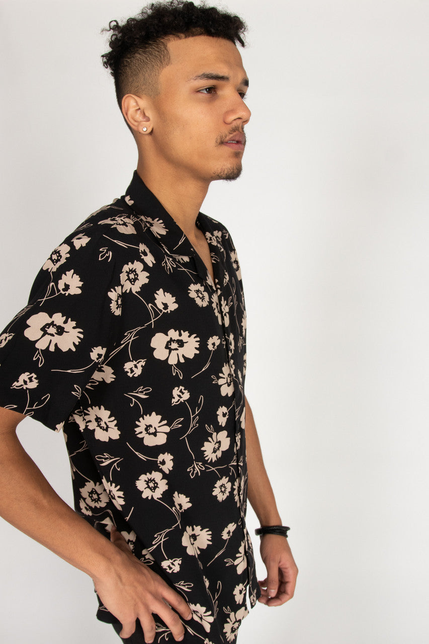 Black & Beige Poppies Button Up Shirt