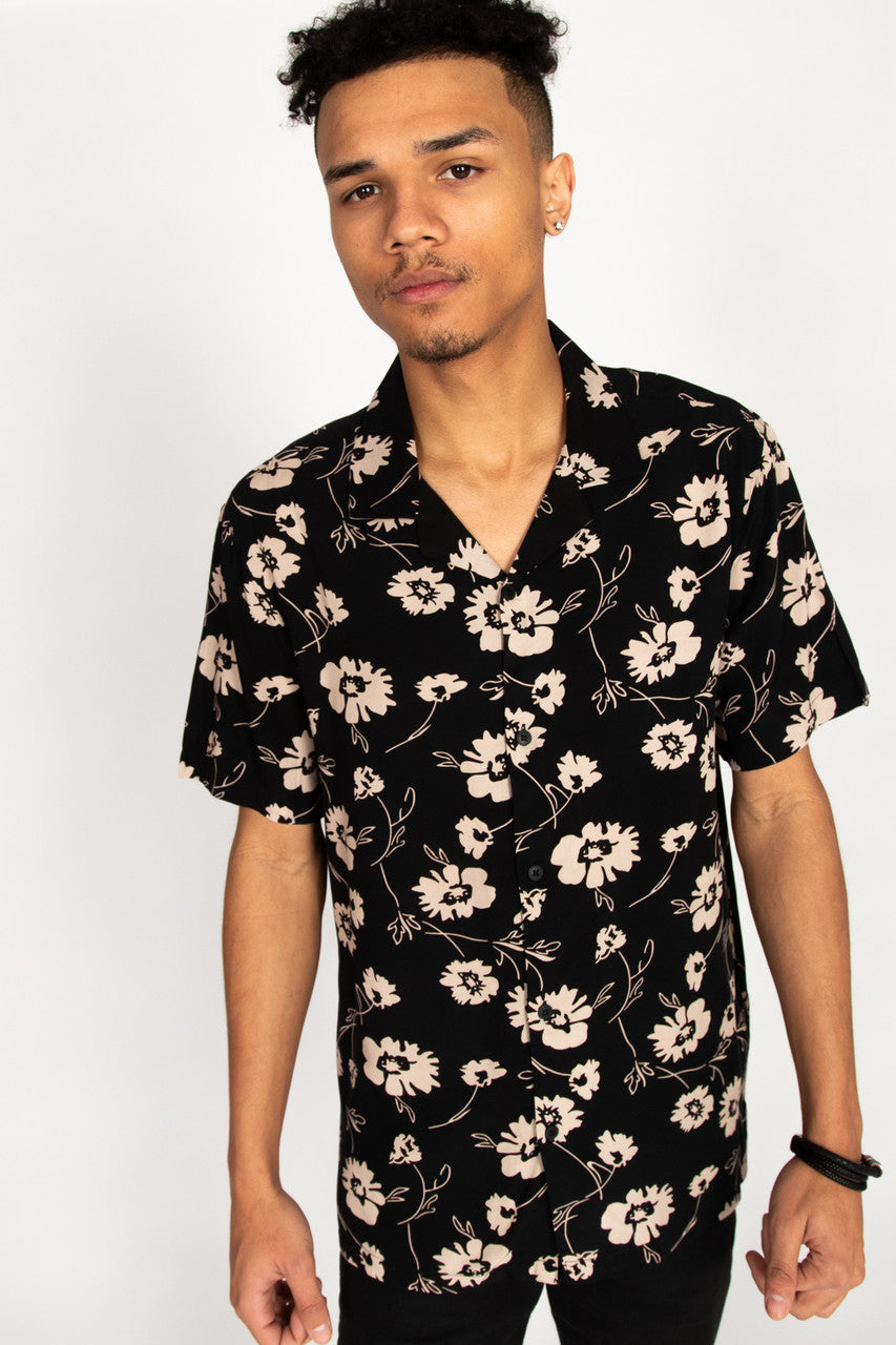 Black & Beige Poppies Button Up Shirt