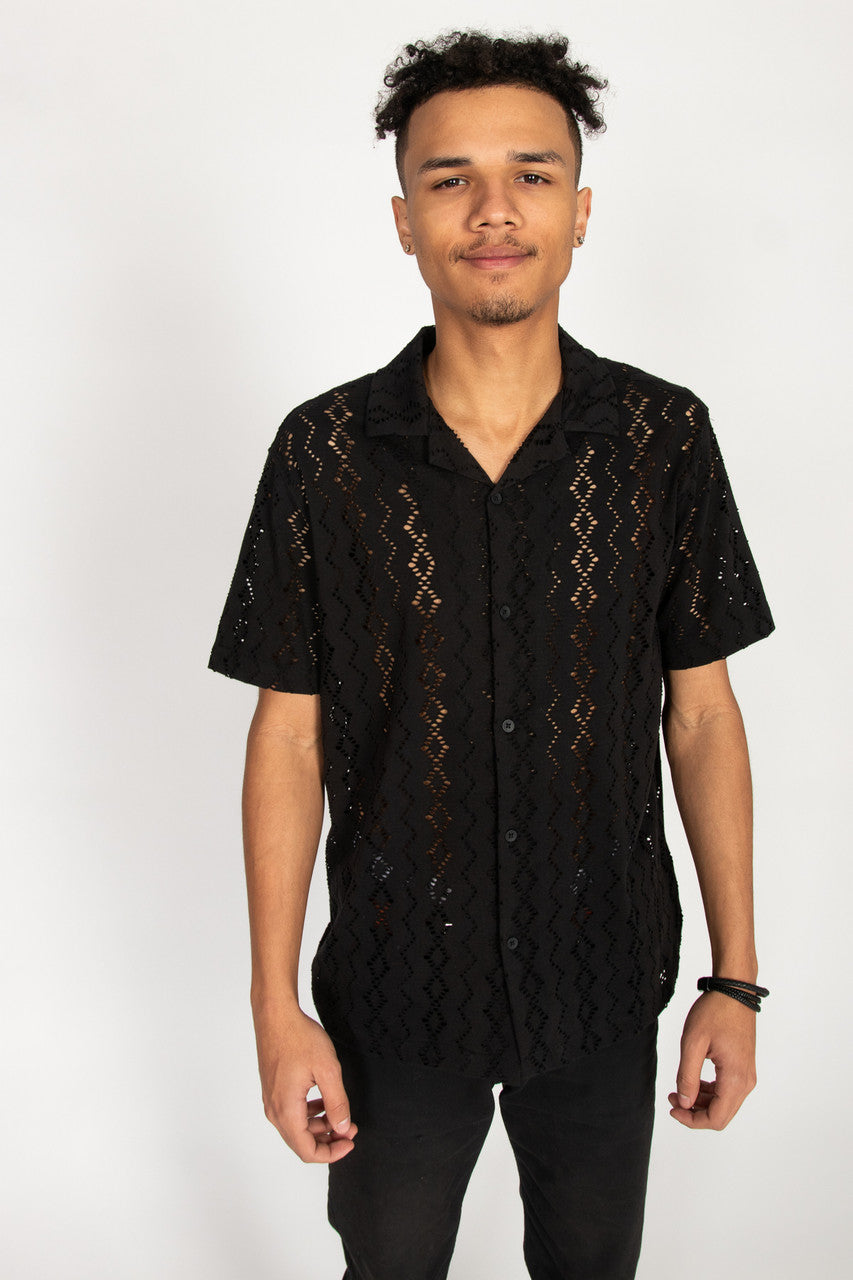 Laser Cut Diamond Pattern Button Up Shirt