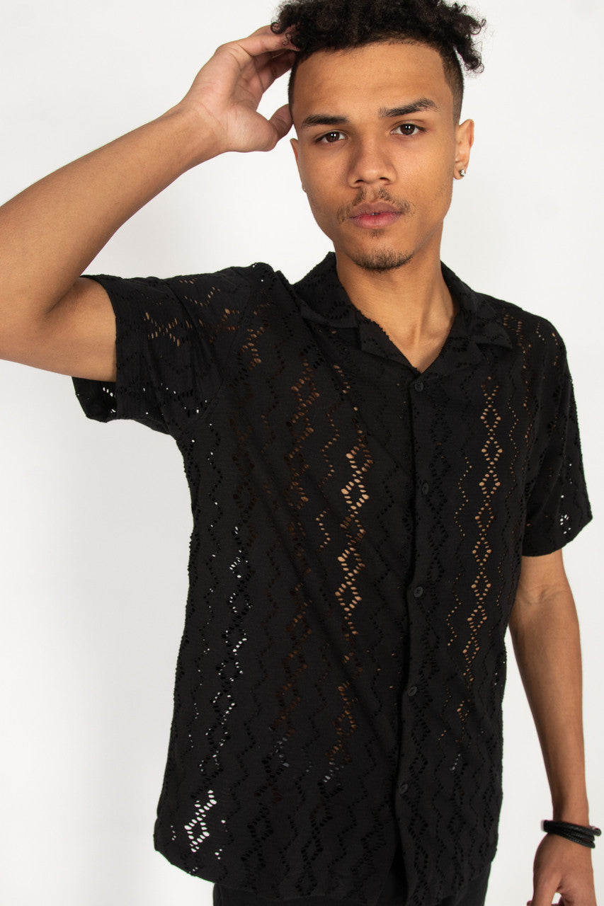 Laser Cut Diamond Pattern Button Up Shirt