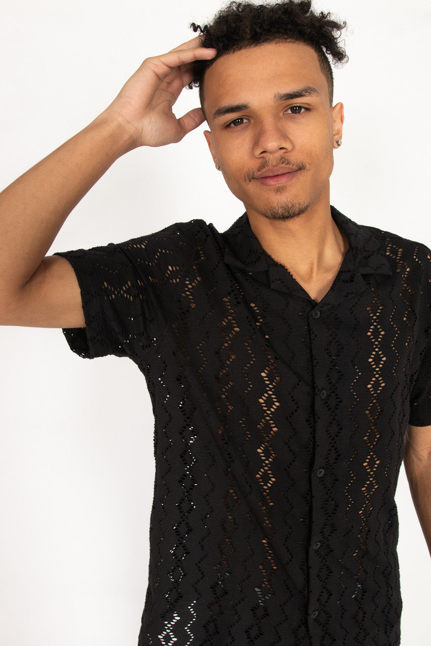 Laser Cut Diamond Pattern Button Up Shirt