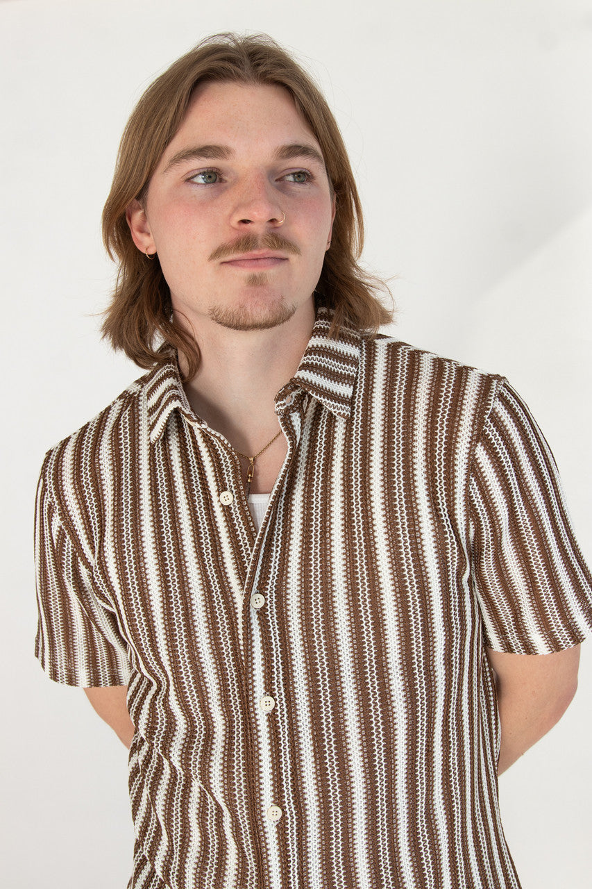 Brown Cabana Knit Button Up Shirt