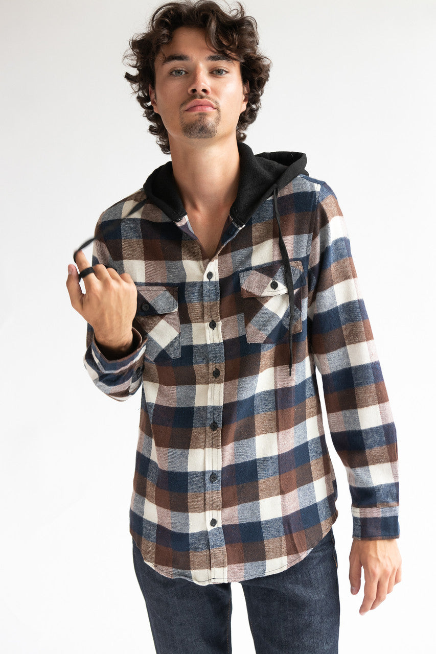 Brown & Blue Hooded Flannel Shirt