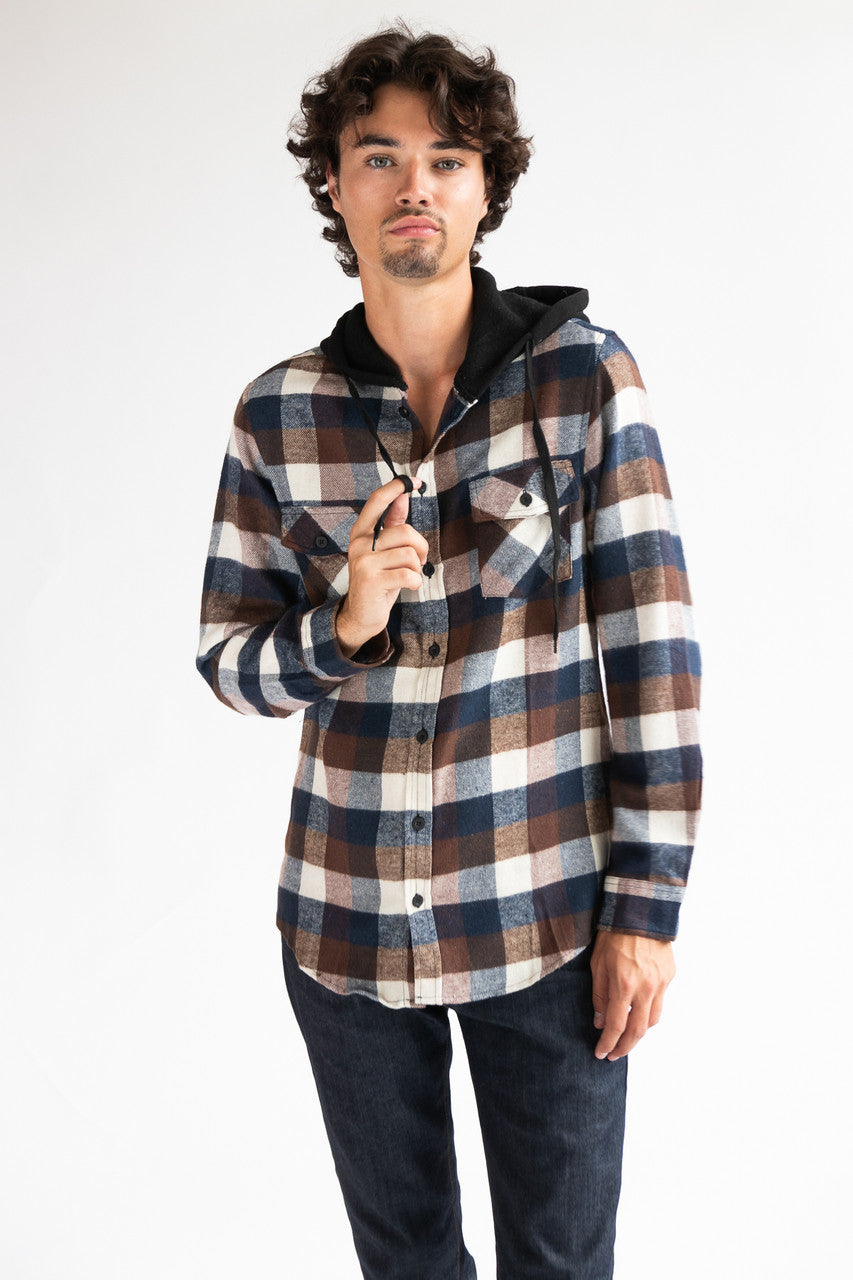 Brown & Blue Hooded Flannel Shirt