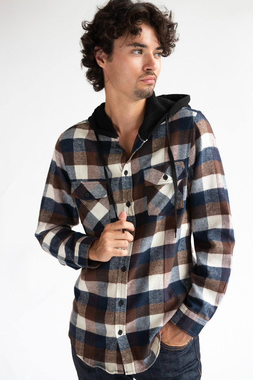 Brown & Blue Hooded Flannel Shirt