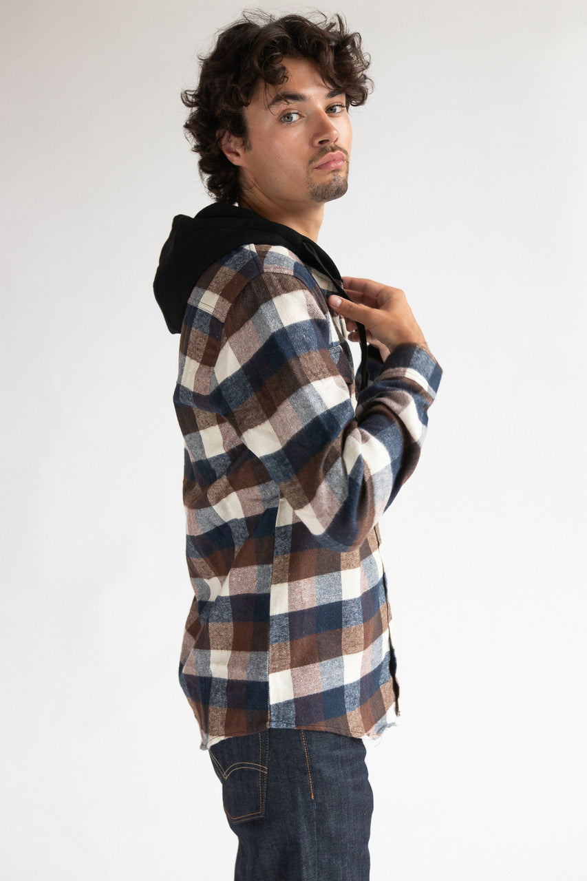 Brown & Blue Hooded Flannel Shirt