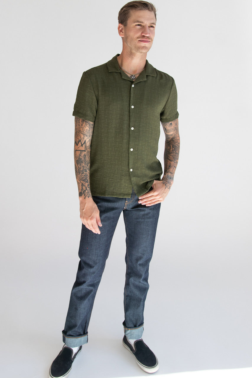 Olive Textured Woven Button Up Shirt