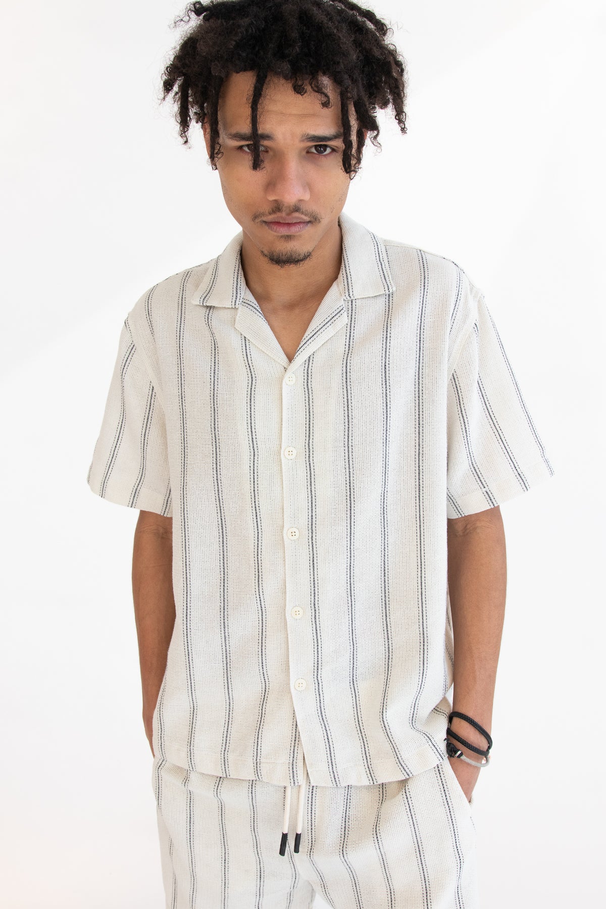 Black Striped Textured Woven Button Up Shirt