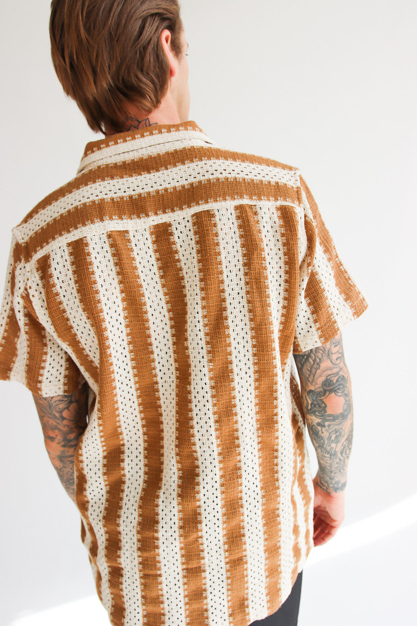 Natural Striped Textured Knit Button Up Shirt