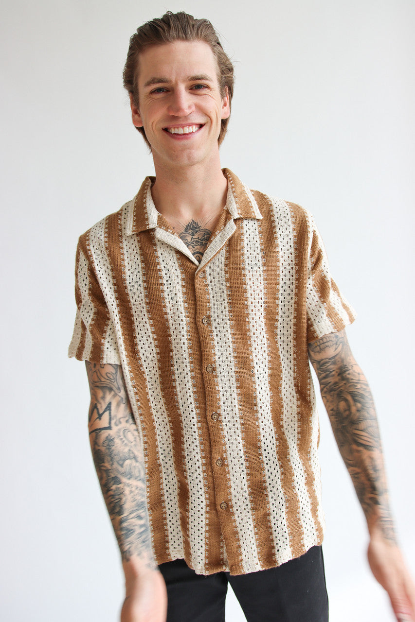 Natural Striped Textured Knit Button Up Shirt