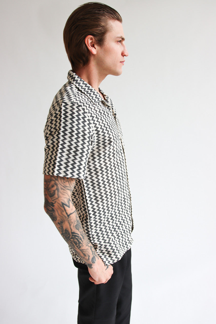 Natural Zigzag Textured Knit Button Up Shirt