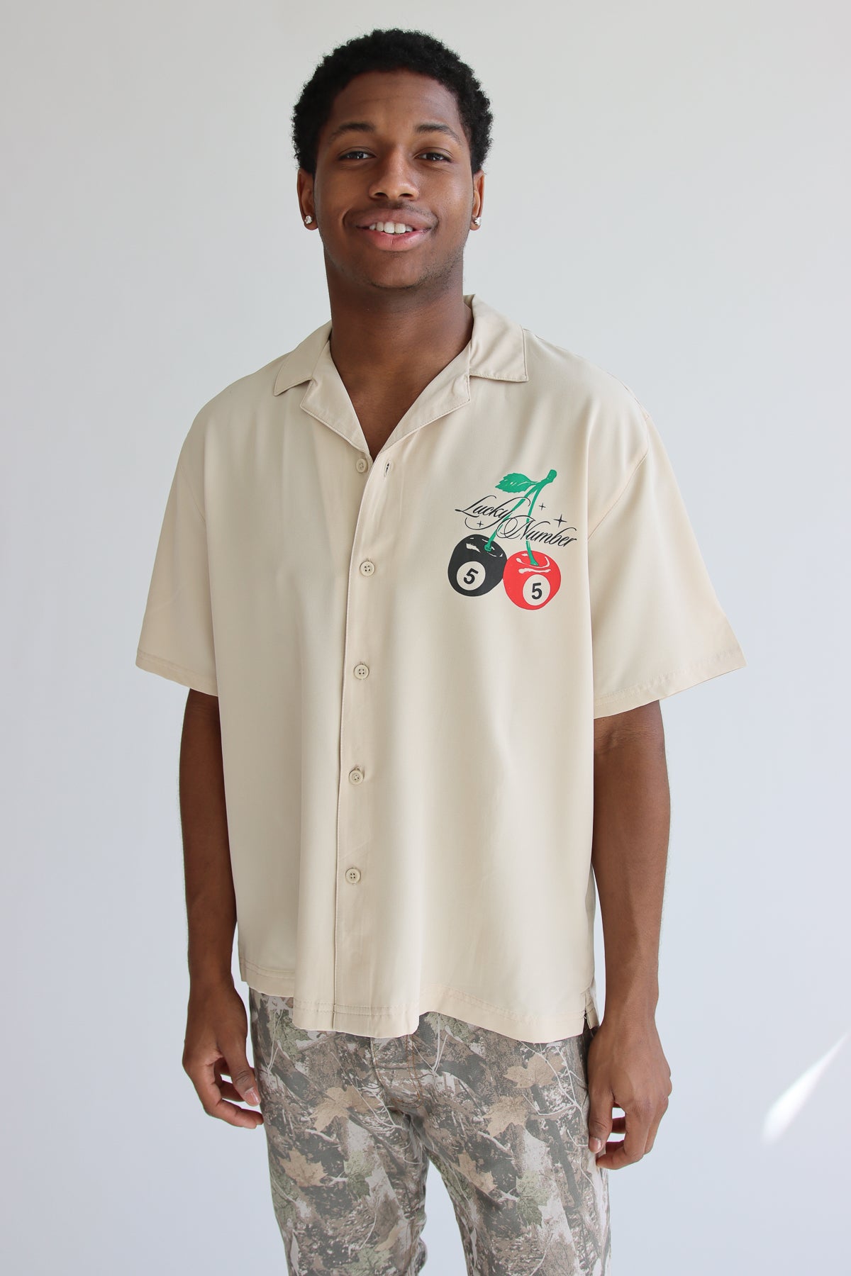 Lucky Number Printed Graphic Button Up