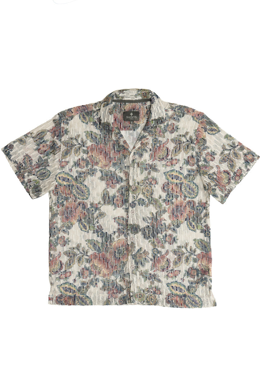 Printed Floral Open Knit Button Up Shirt