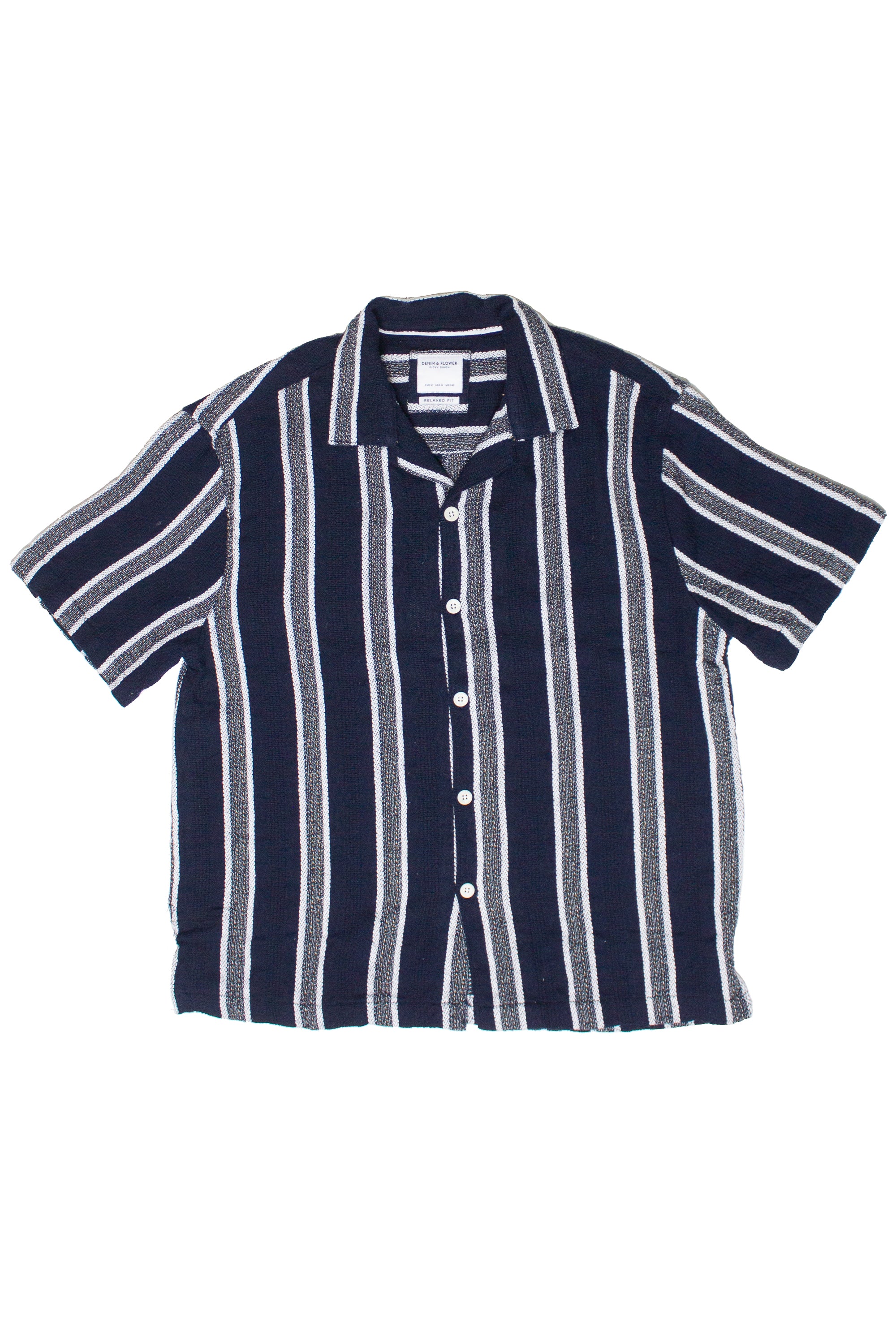 Navy Textured Knit Striped Button Up Shirt