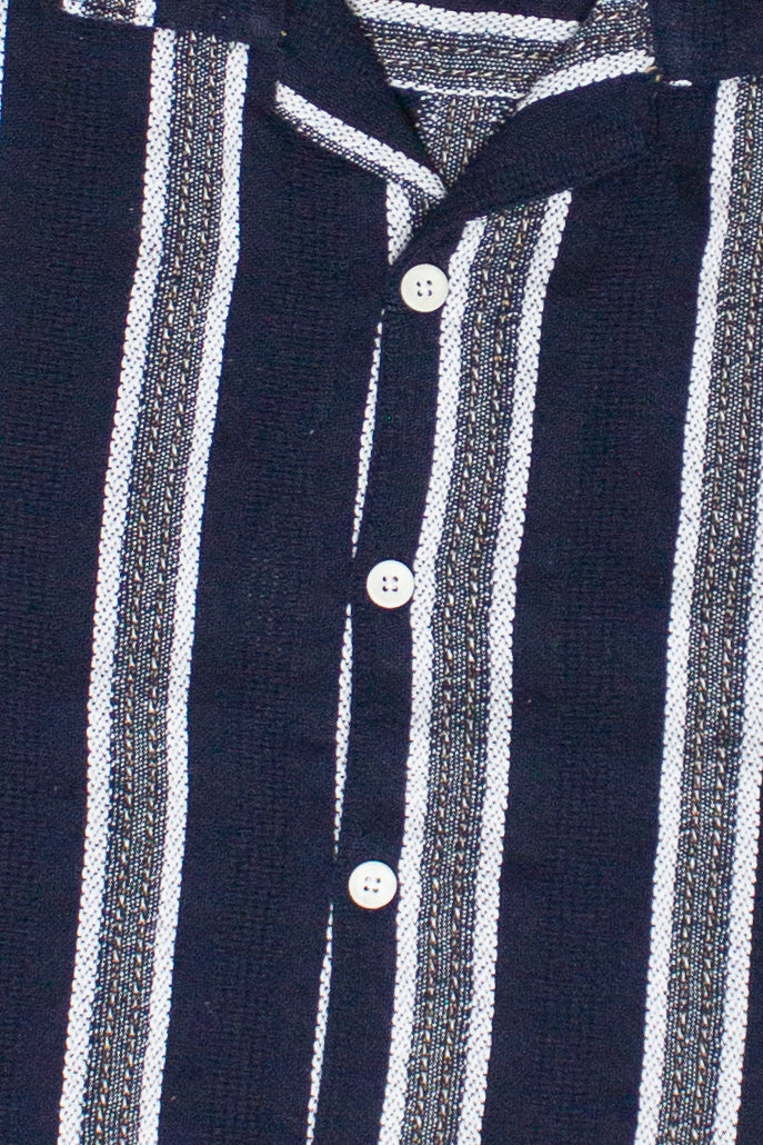 Navy Textured Knit Striped Button Up Shirt