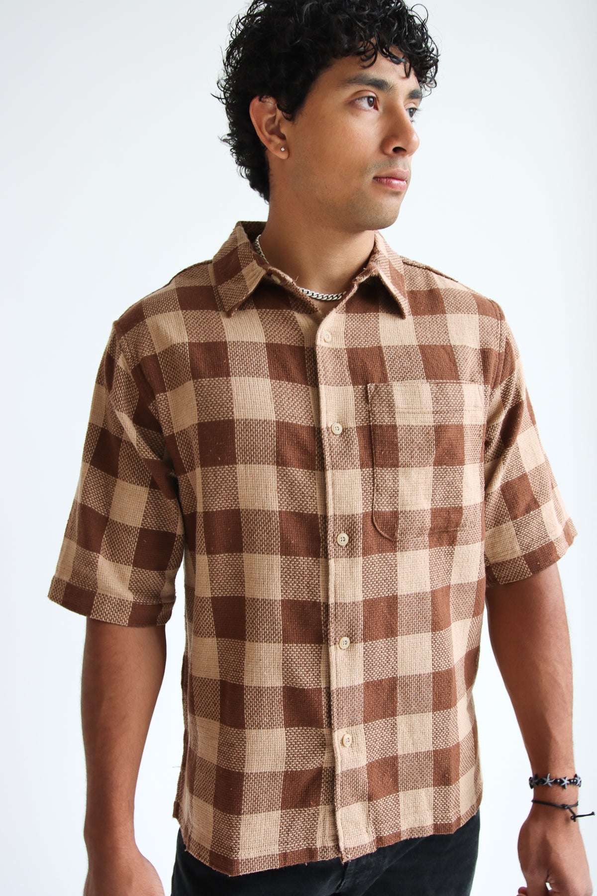 Brown Check Woven Knit Button Up Shirt
