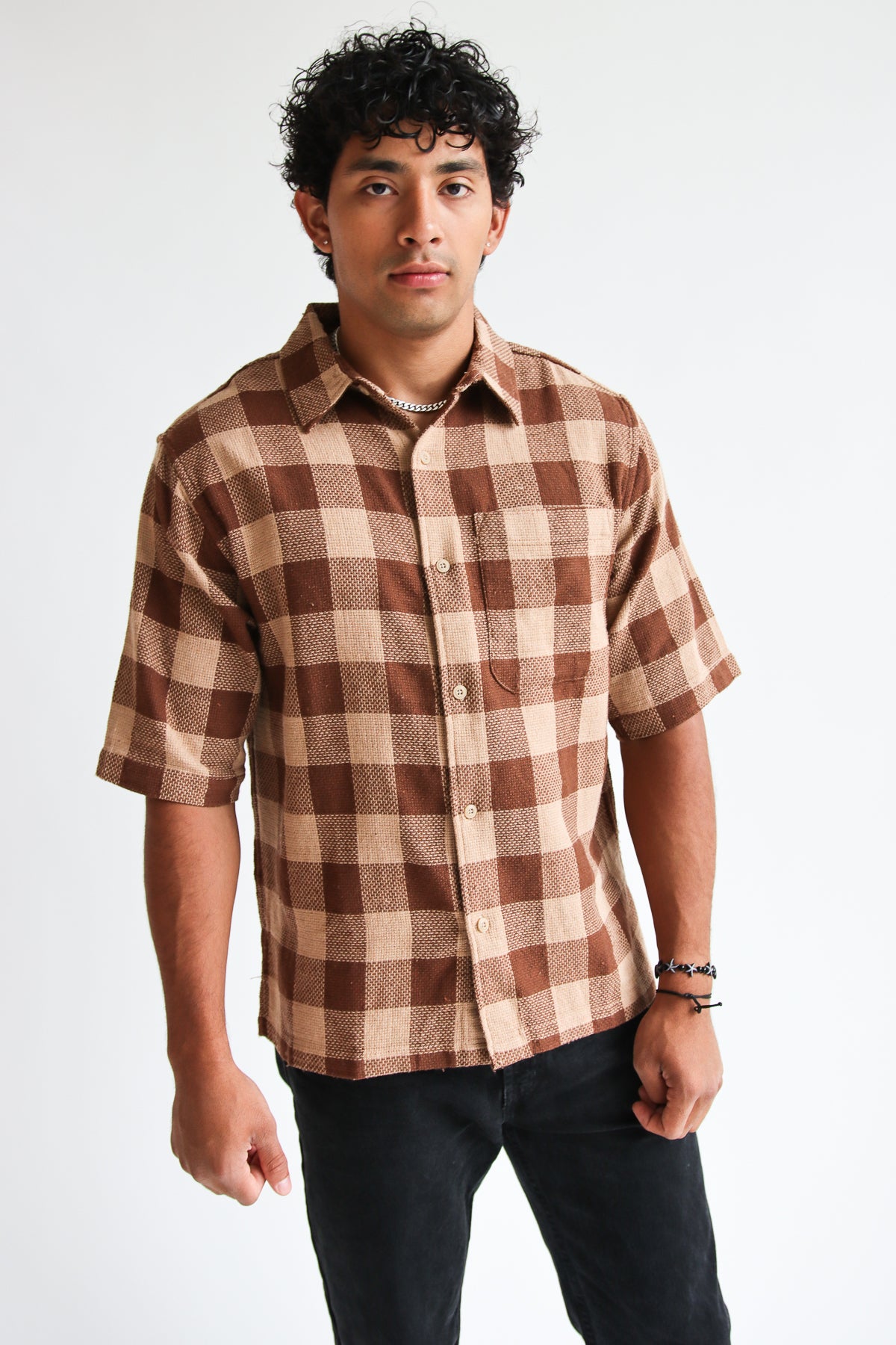 Brown Check Woven Knit Button Up Shirt