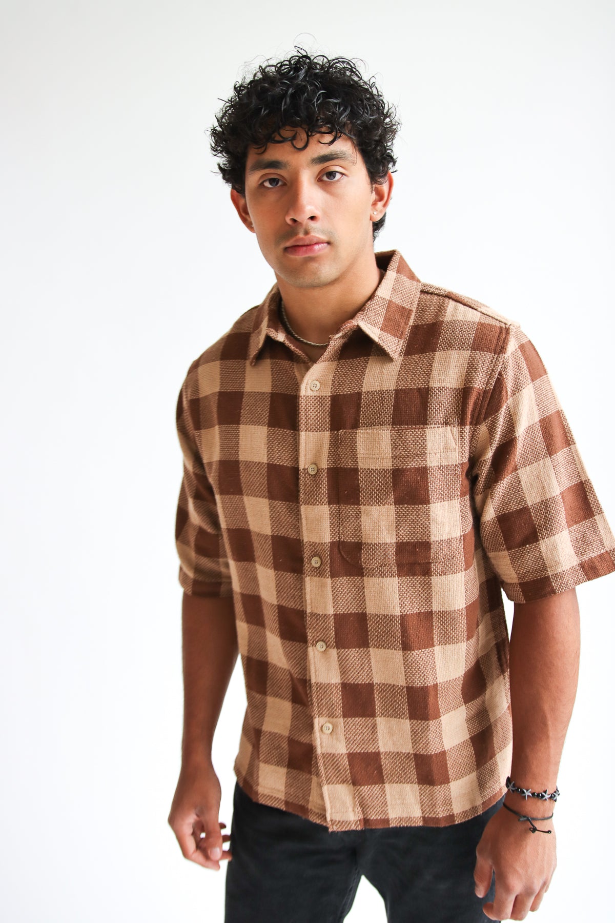 Brown Check Woven Knit Button Up Shirt