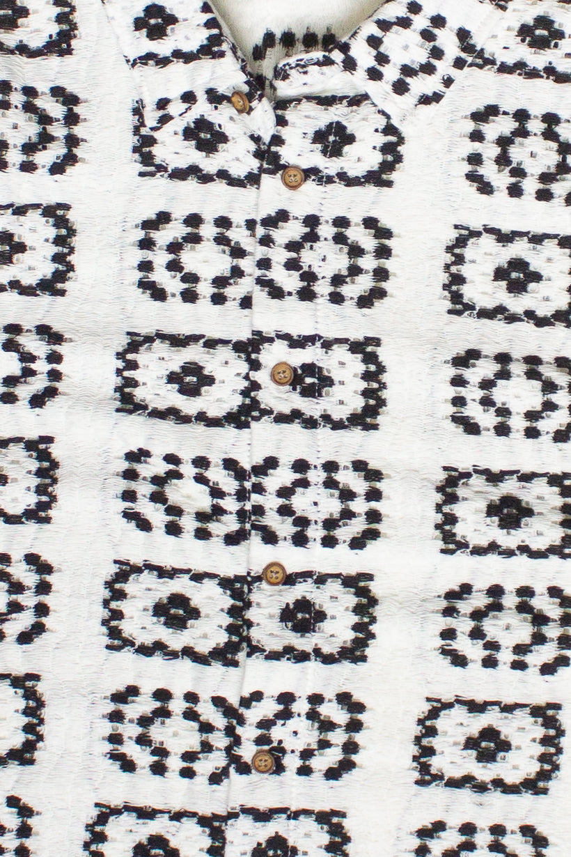 Woven Granny Square Print Button Up Shirt - White