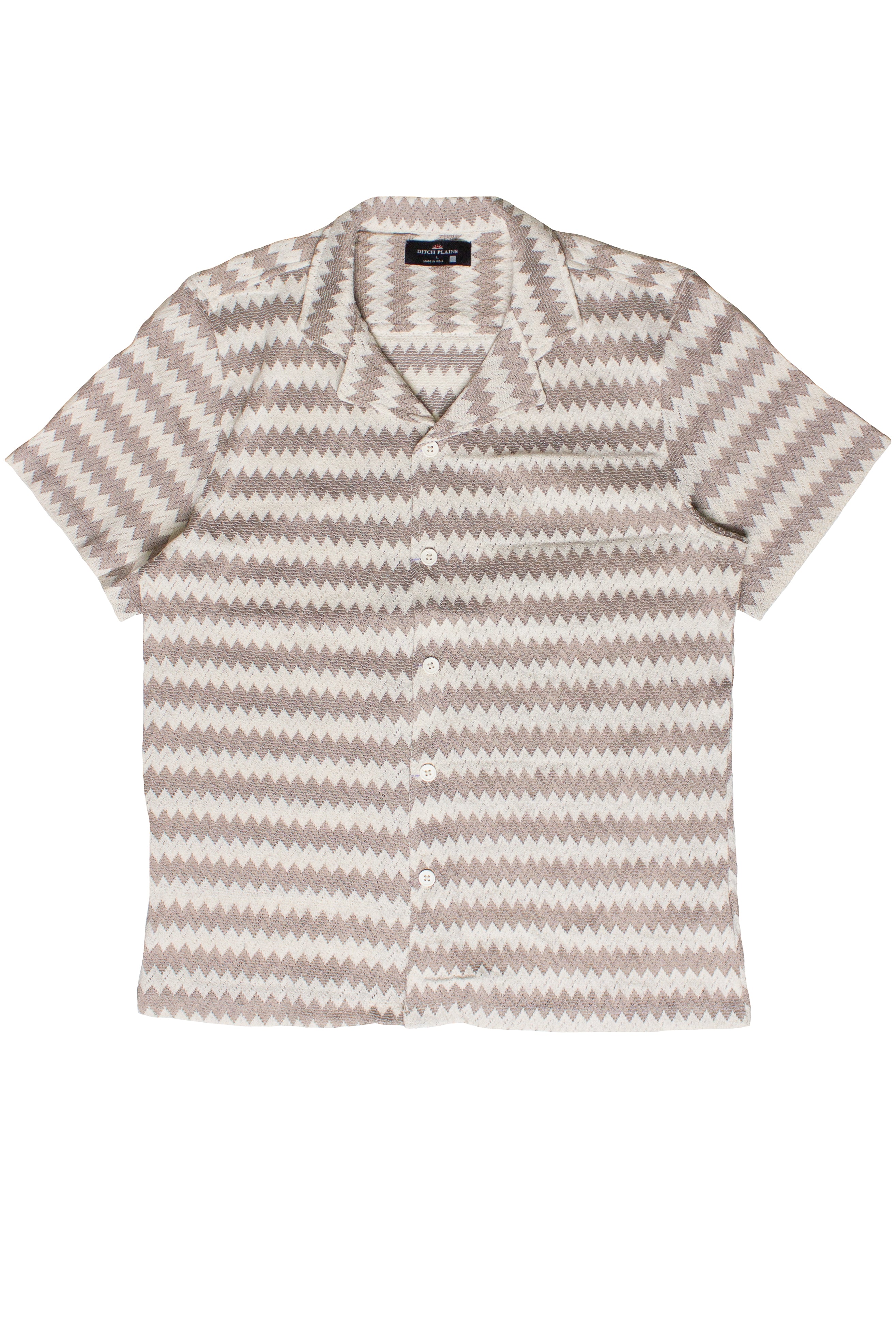 Chevron Striped Woven Button Up Shirt - Beige