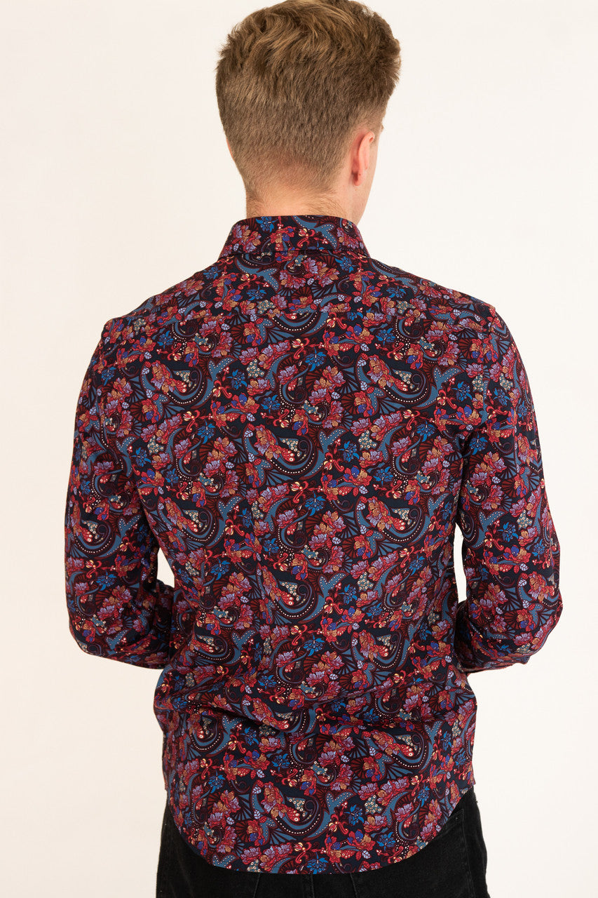 Navy Paisley Floral Long Sleeve Button Up Shirt