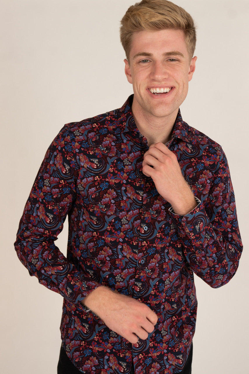 Navy Paisley Floral Long Sleeve Button Up Shirt