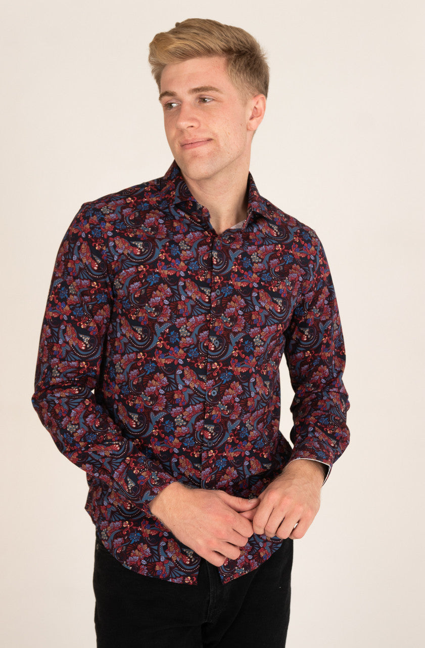 Navy Paisley Floral Long Sleeve Button Up Shirt