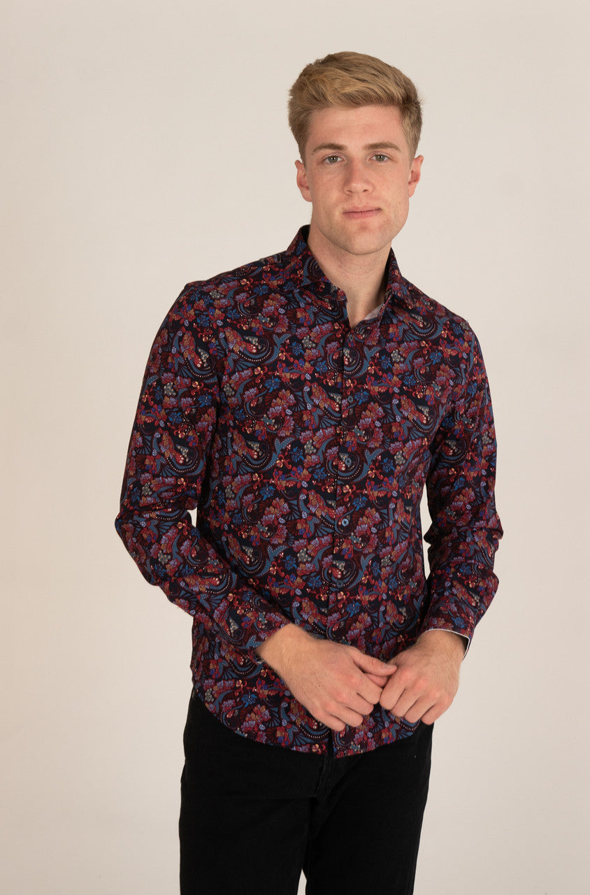 Navy Paisley Floral Long Sleeve Button Up Shirt