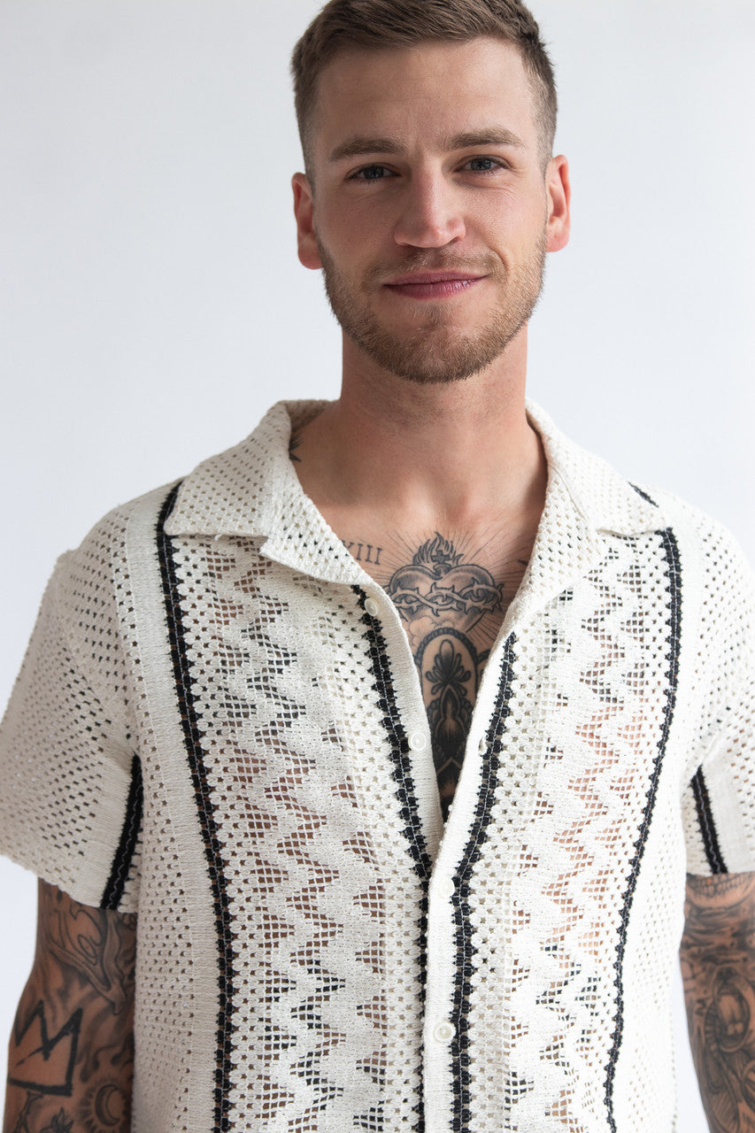 Stripe Cabana Crochet Button Up Shirt