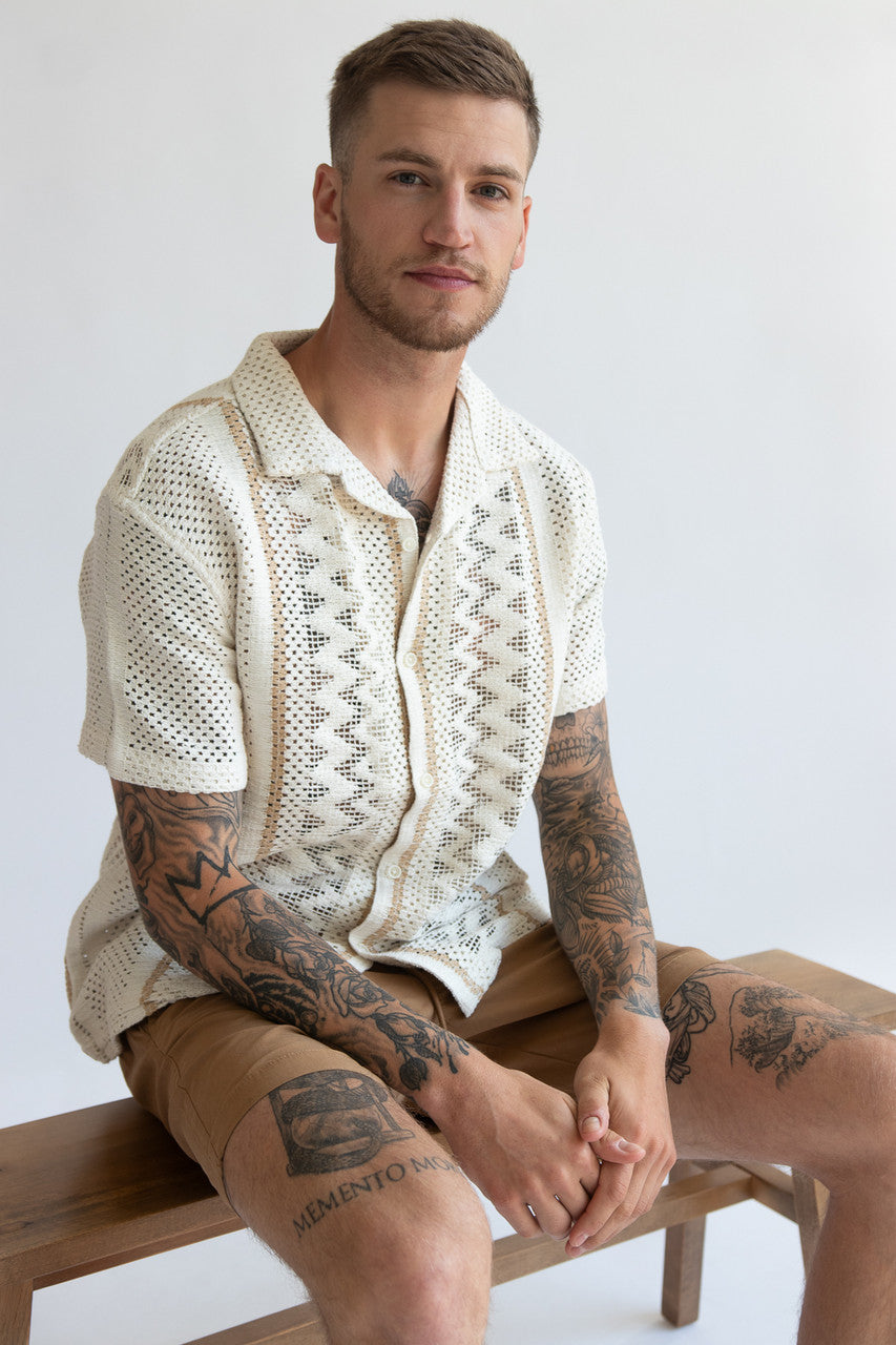 Stripe Cabana Crochet Button Up Shirt