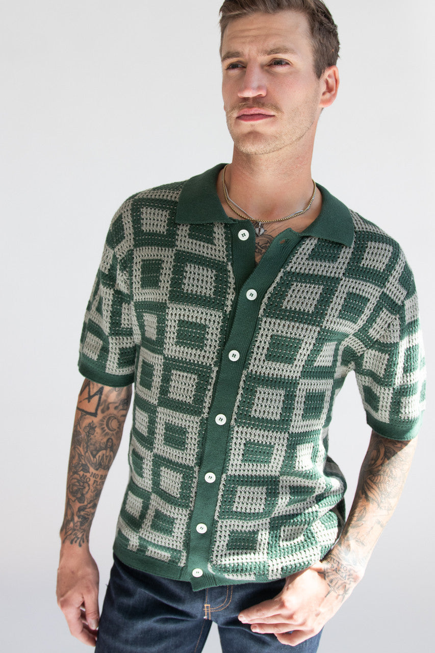 Green Squares Crochet Button Up Shirt