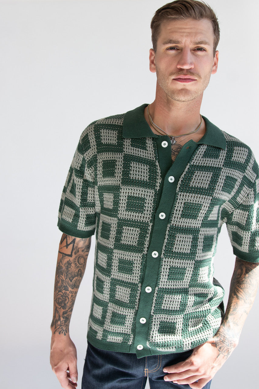 Green Squares Crochet Button Up Shirt