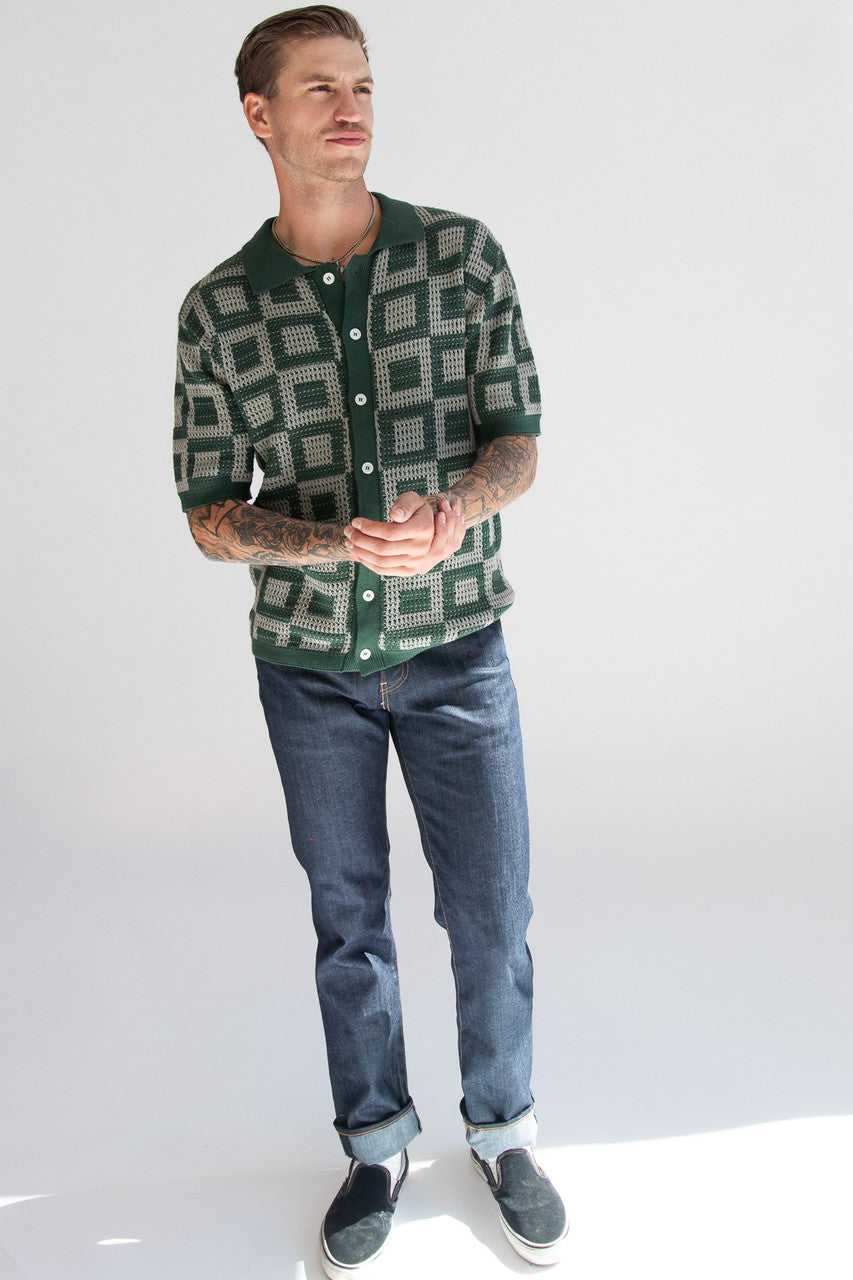 Green Squares Crochet Button Up Shirt