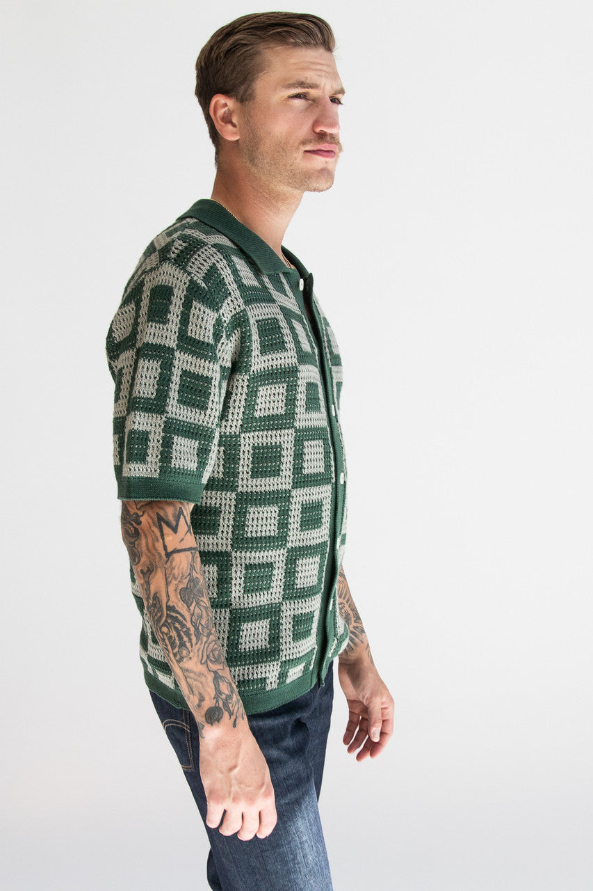 Green Squares Crochet Button Up Shirt