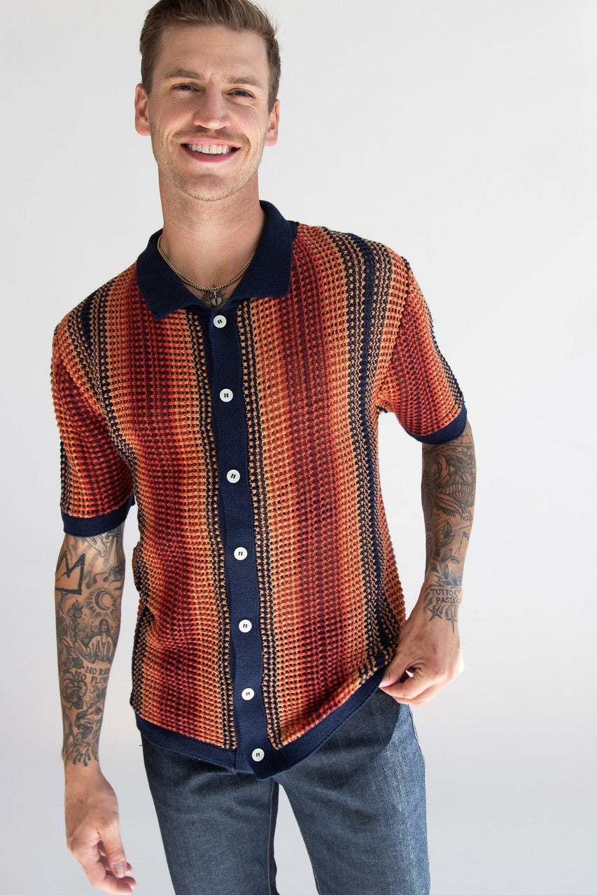 Navy Sunset Crochet Button Up Shirt