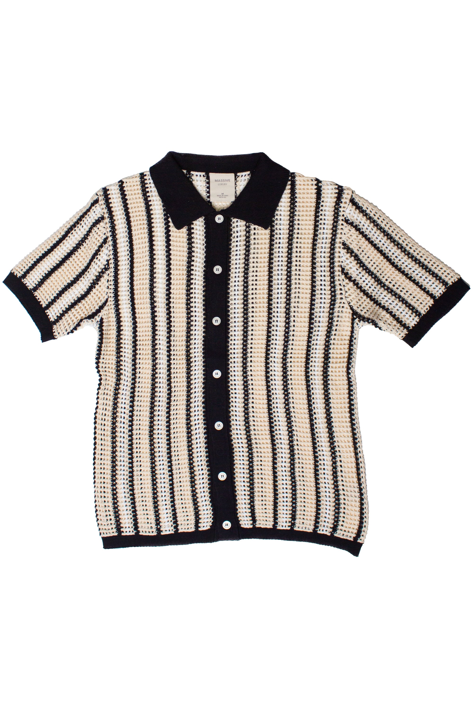 Striped knit mesh button-up shirt with short sleeves, black collar, and vertical cream and black stripes