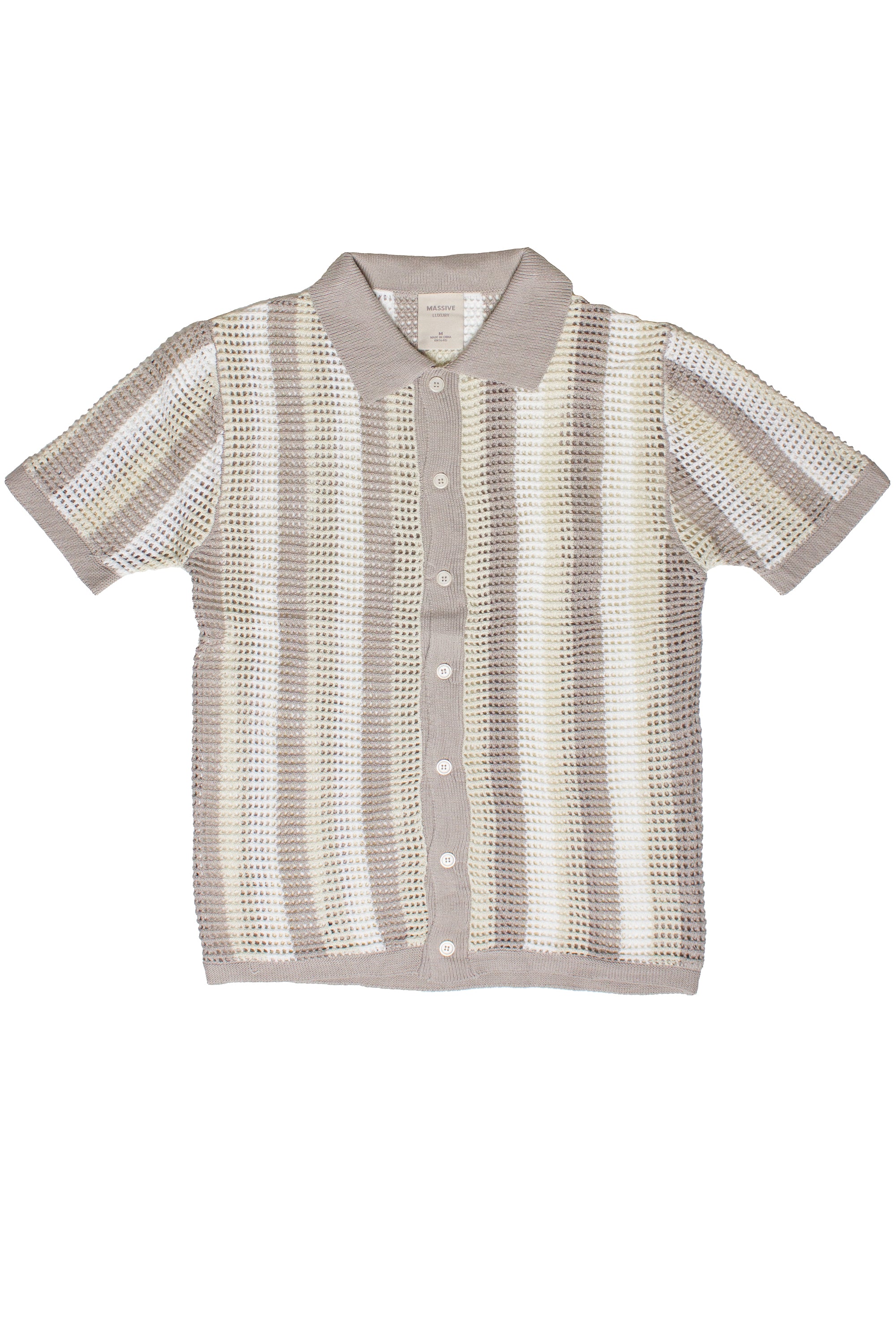 Sandstone Striped Knit Mesh Button Up