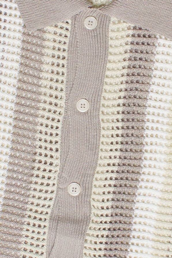 Sandstone Striped Knit Mesh Button Up