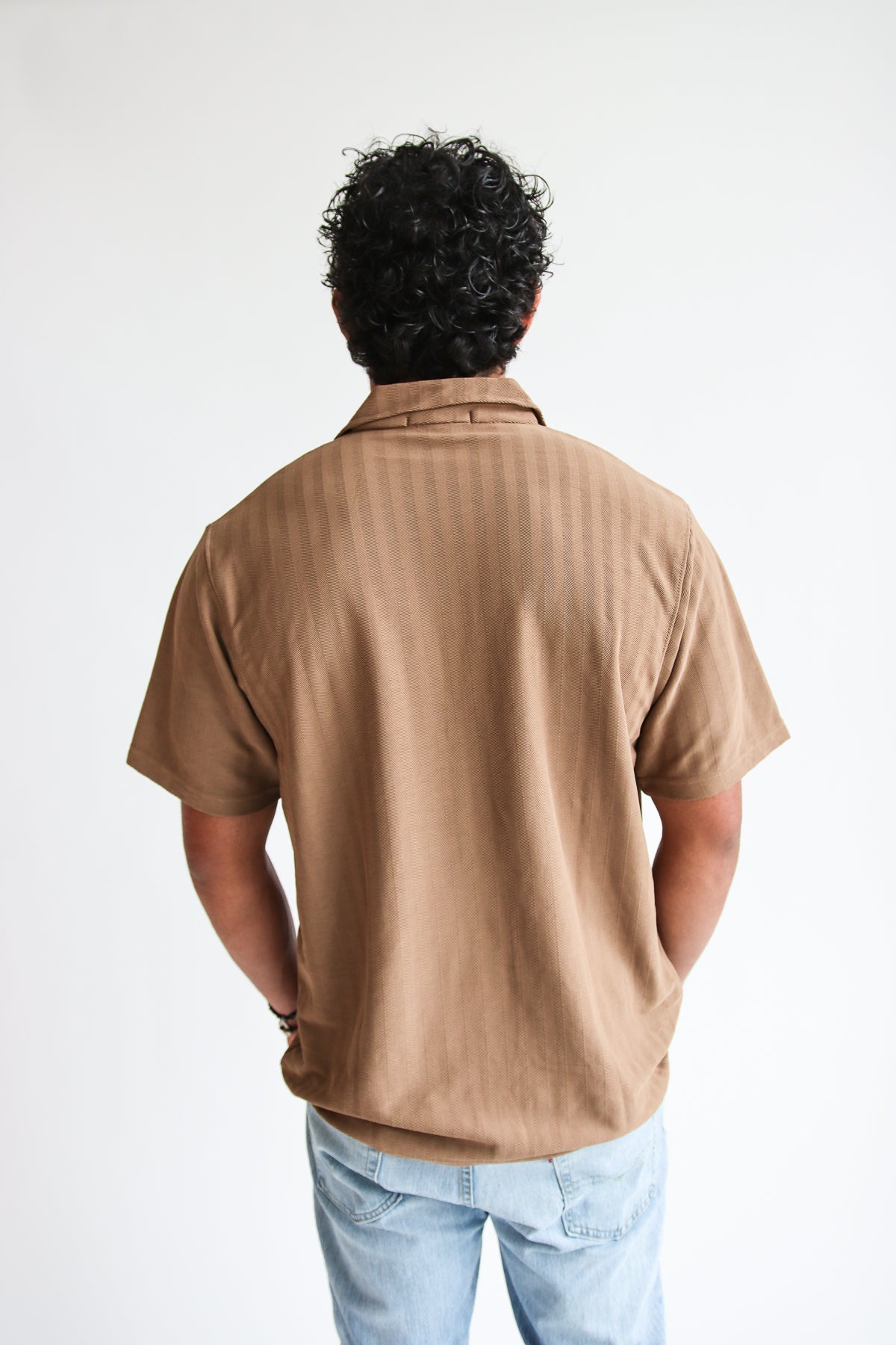 Micro Herringbone Knit Button Up Shirt Camel